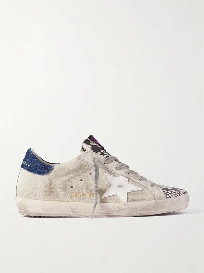 Golden Goose - Superstar Denim-trimmed Distressed Snake-effect Leather And Suede Sneakers - Gray