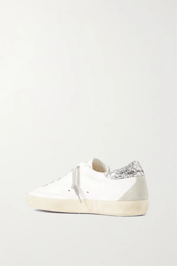Golden Goose - Superstar Distressed Denim-trimmed Glittered Leather Sneakers - White - Image 3