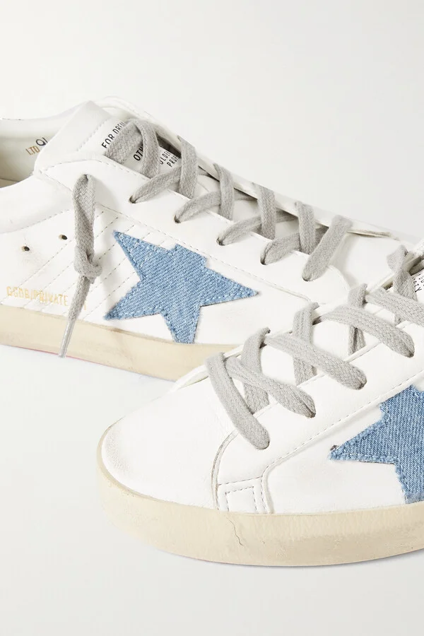 Golden Goose - Superstar Distressed Denim-trimmed Glittered Leather Sneakers - White - Image 4