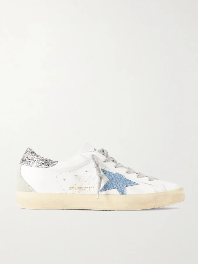 Golden Goose - Superstar Distressed Denim-trimmed Glittered Leather Sneakers - White