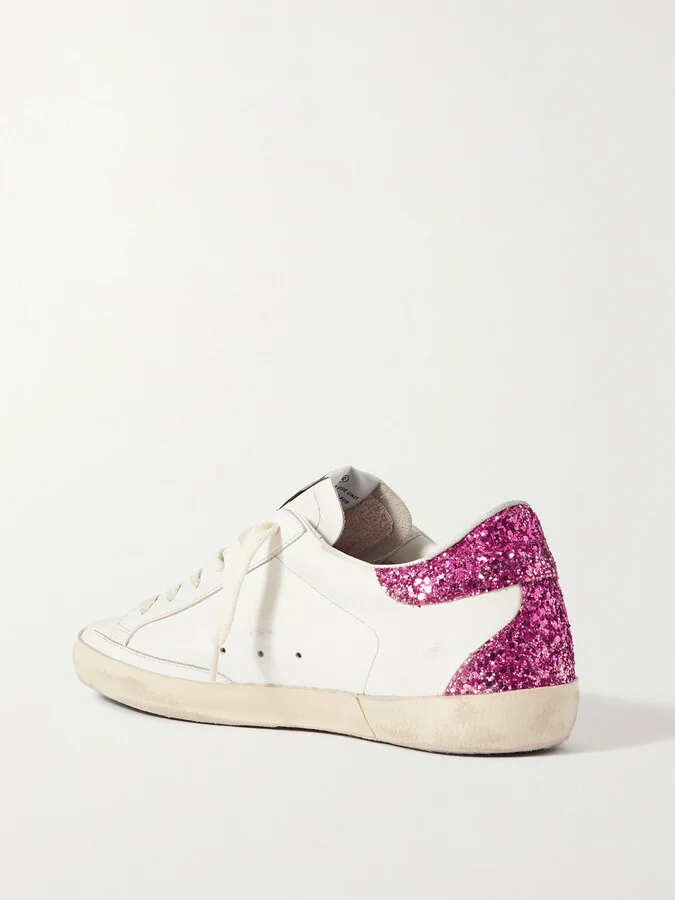 Golden Goose - Superstar Distressed Glittered Leather Sneakers - White - Image 3