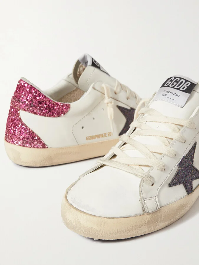 Golden Goose - Superstar Distressed Glittered Leather Sneakers - White - Image 4