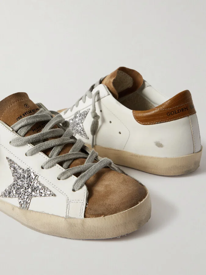 Golden Goose - Superstar Glittered Distressed Leather And Suede Sneakers - White - Image 4