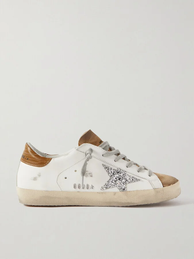 Golden Goose - Superstar Glittered Distressed Leather And Suede Sneakers - White