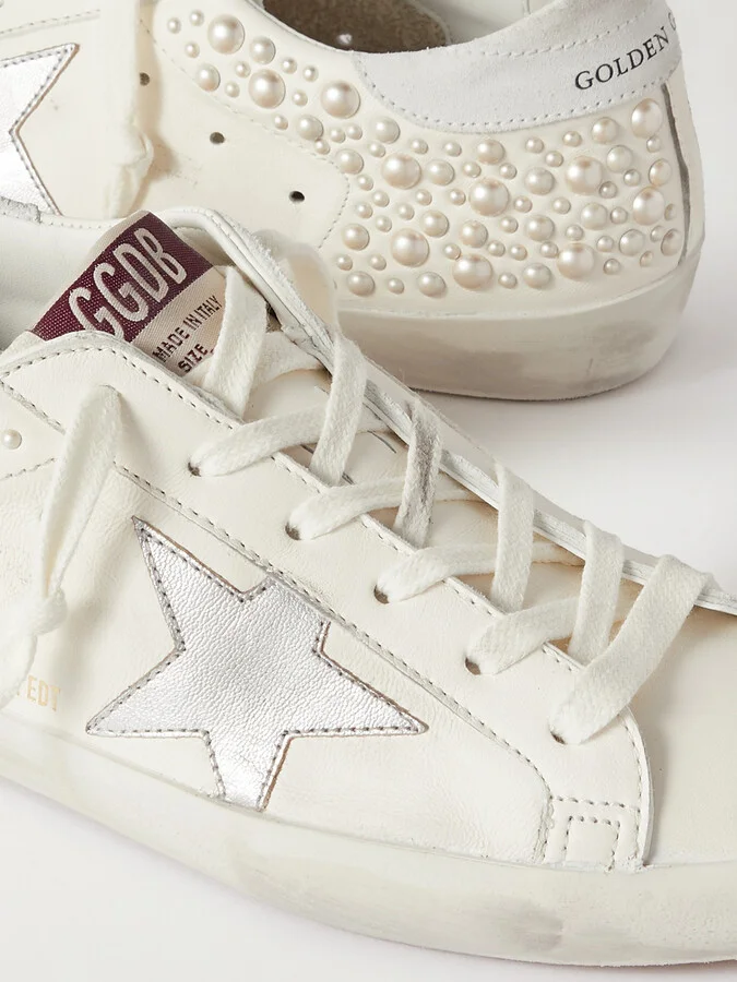 Golden Goose - Superstar Pearl-embellished Distressed Leather Sneakers - White - Image 4