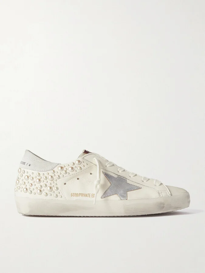 Golden Goose - Superstar Pearl-embellished Distressed Leather Sneakers - White