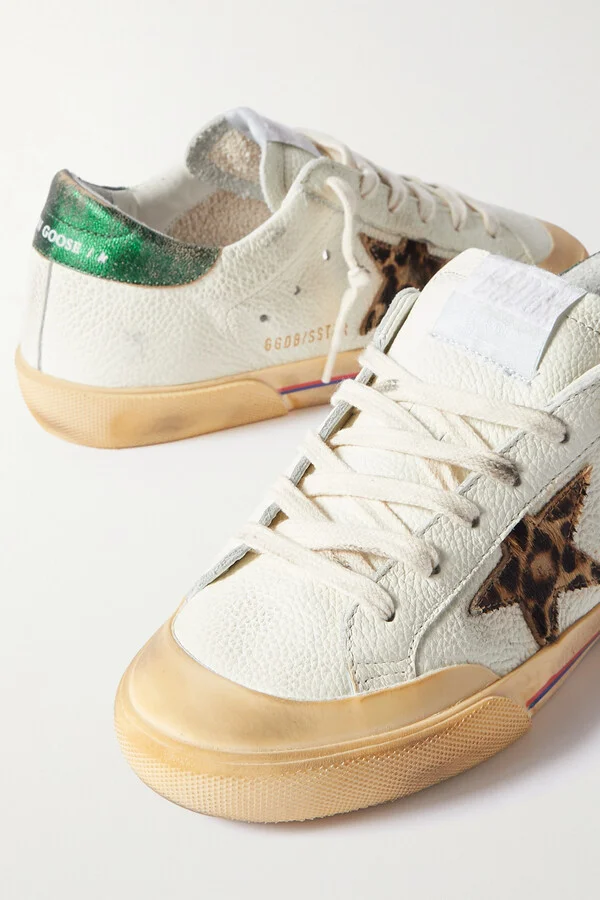 Golden Goose - Superstar Penstar Distressed Leather, Leopard-print-trimmed Rubber Sneakers - White - Image 4