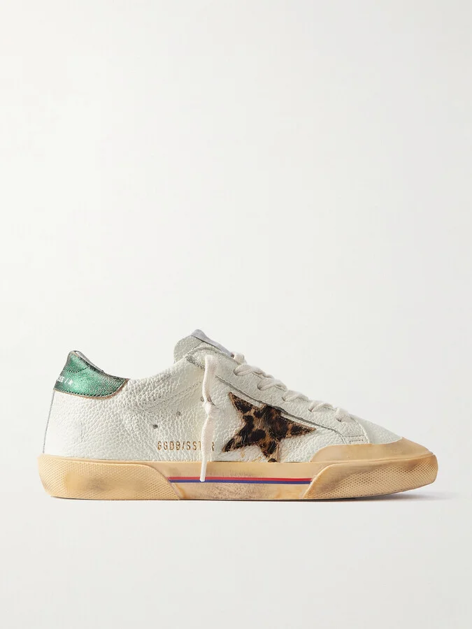 Golden Goose - Superstar Penstar Distressed Leather, Leopard-print-trimmed Rubber Sneakers - White