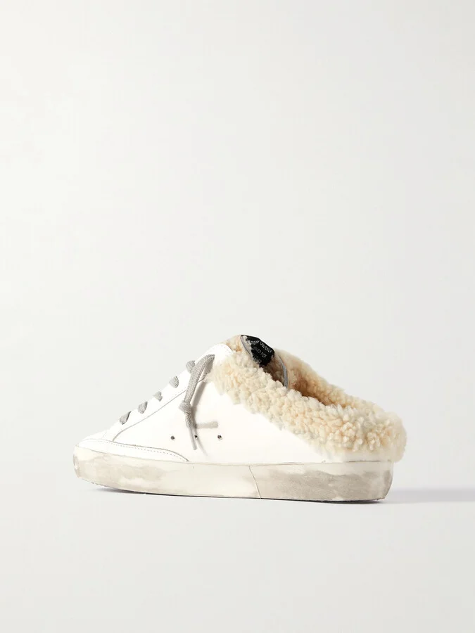 Golden Goose - Superstar Sabot Shearling-lined Distressed Glittered Leather Slip-on Sneakers - White - Image 3