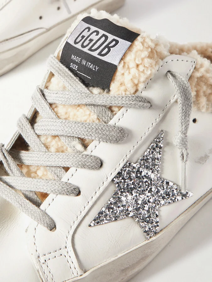 Golden Goose - Superstar Sabot Shearling-lined Distressed Glittered Leather Slip-on Sneakers - White - Image 4