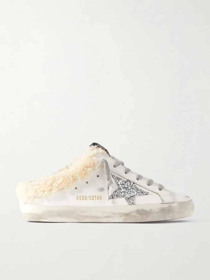 Golden Goose - Superstar Sabot Shearling-lined Distressed Glittered Leather Slip-on Sneakers - White