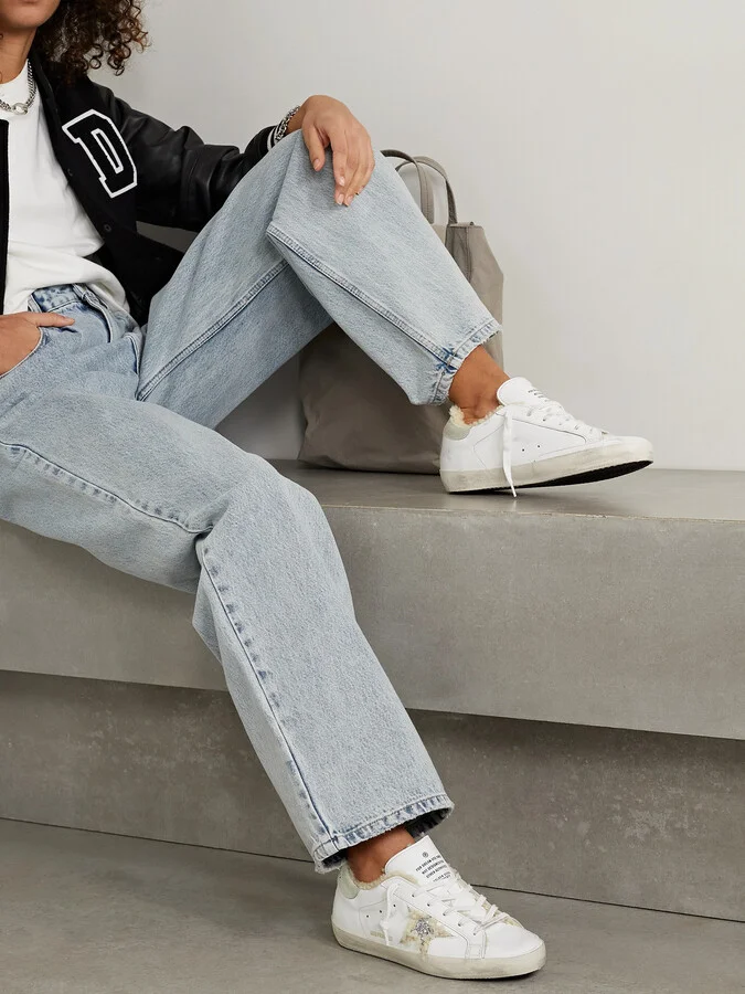 Golden Goose - Superstar Shearling-lined Distressed Glittered Leather Sneakers - White - Image 2