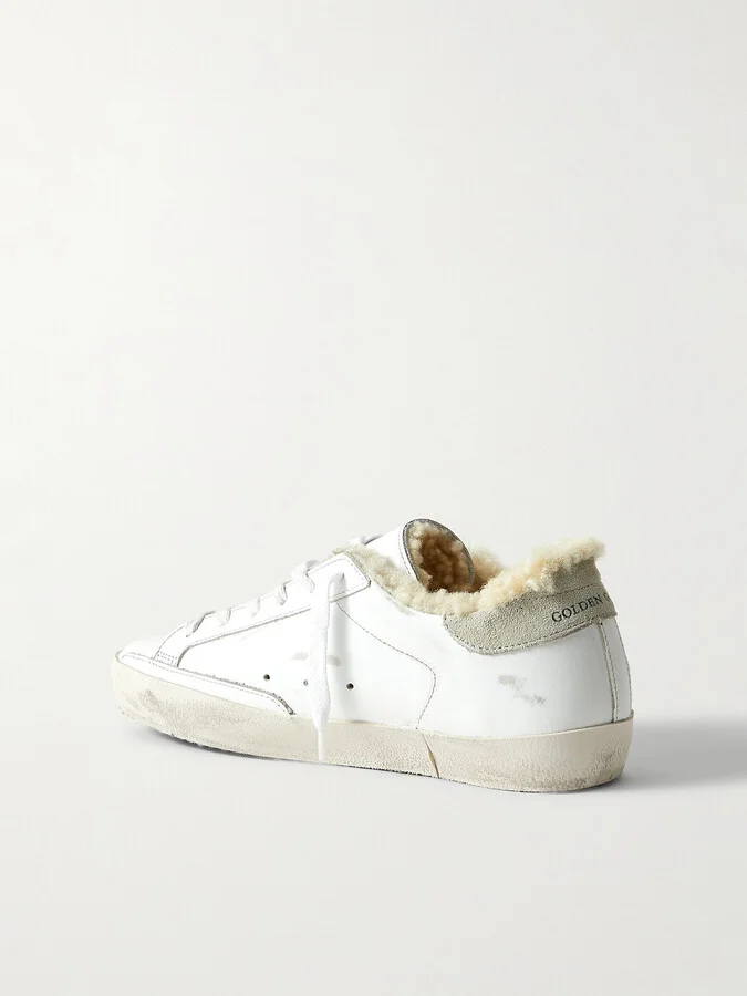 Golden Goose - Superstar Shearling-lined Distressed Glittered Leather Sneakers - White - Image 3