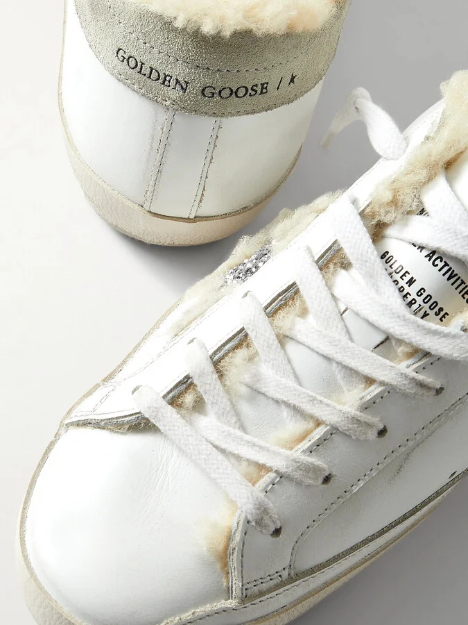 Golden Goose - Superstar Shearling-lined Distressed Glittered Leather Sneakers - White - Image 4