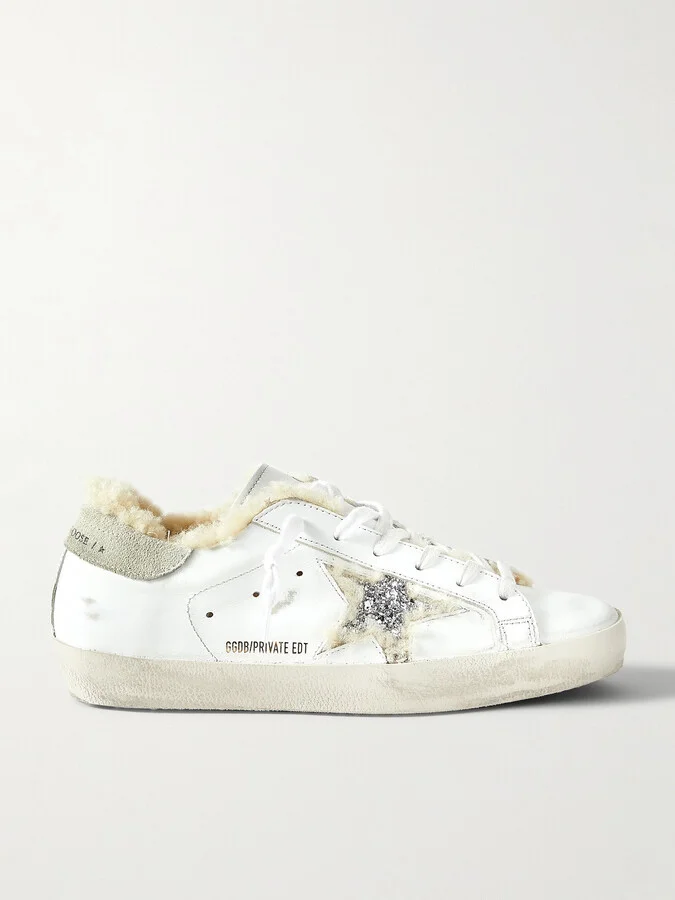Golden Goose - Superstar Shearling-lined Distressed Glittered Leather Sneakers - White