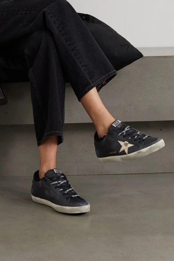 Golden Goose - Superstar Shearling-lined Distressed Leather Sneakers - Black - Image 2