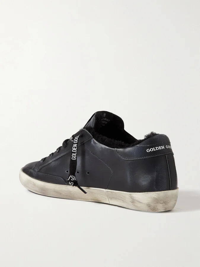 Golden Goose - Superstar Shearling-lined Distressed Leather Sneakers - Black - Image 3