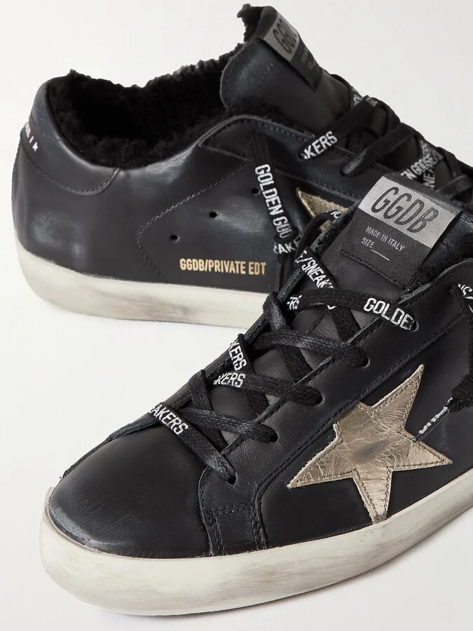 Golden Goose - Superstar Shearling-lined Distressed Leather Sneakers - Black - Image 4