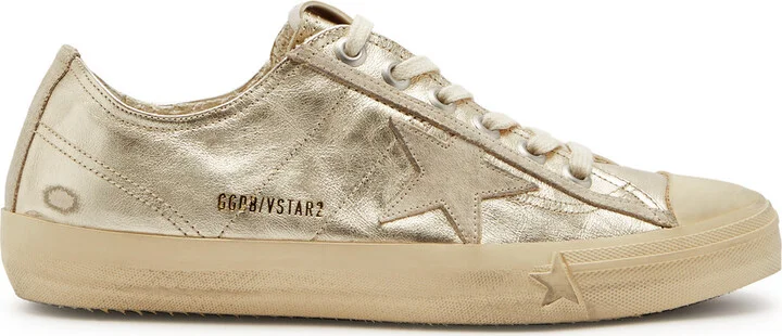 Golden Goose V-star Distressed Metallic Leather Sneakers