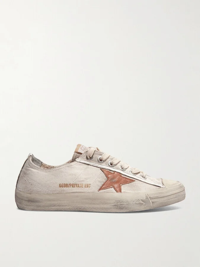 Golden Goose - V-star Distressed Recycled Canvas And Leather Sneakers - Off-white