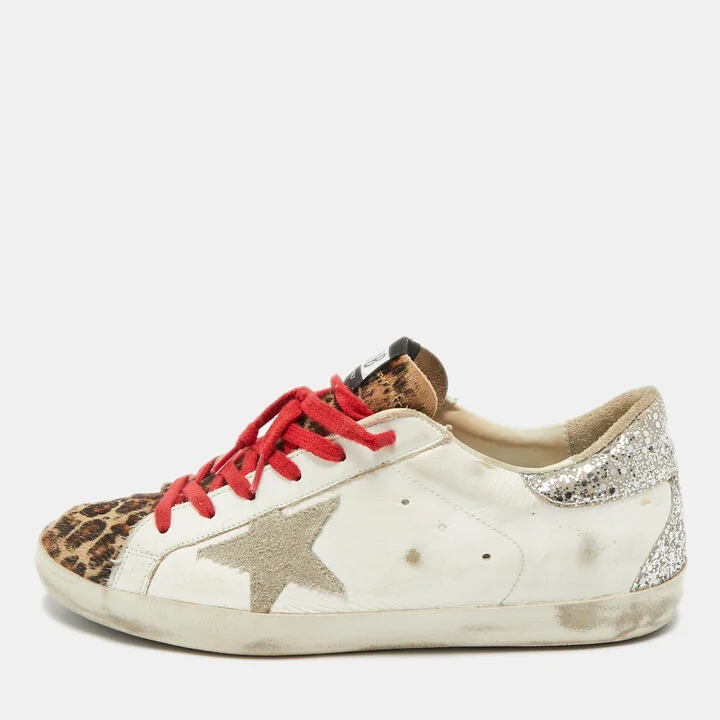 Golden Goose White/Brown Calf Hair Leather Super Star Sneakers Size 41