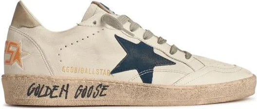 Golden Goose White Leather Ball-Star With Blue Suede Star And Ivory Heel