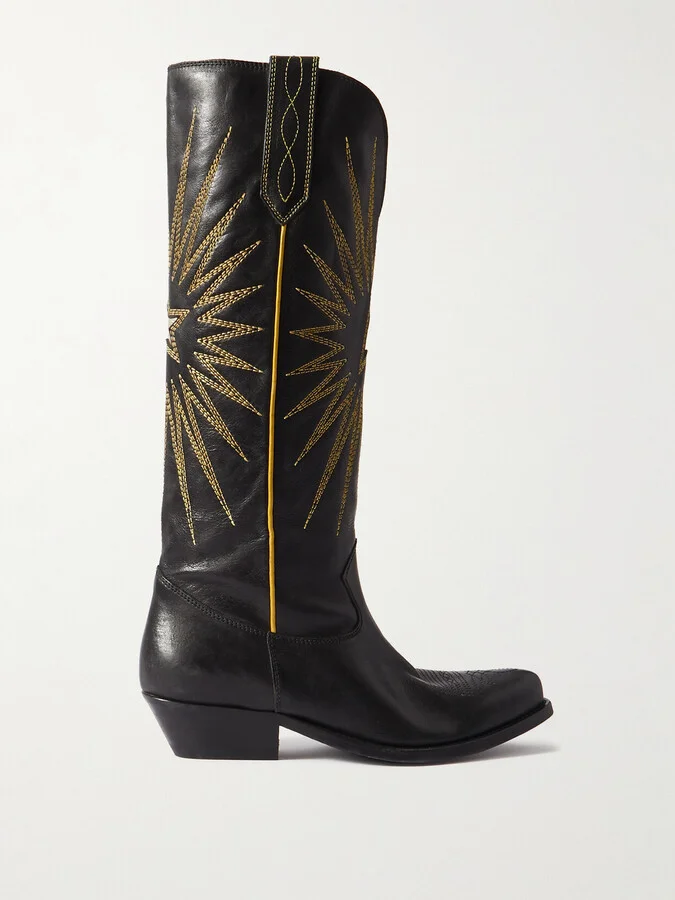 Golden Goose - Wish Star Embroidered Distressed Leather Cowboy Boots - Black