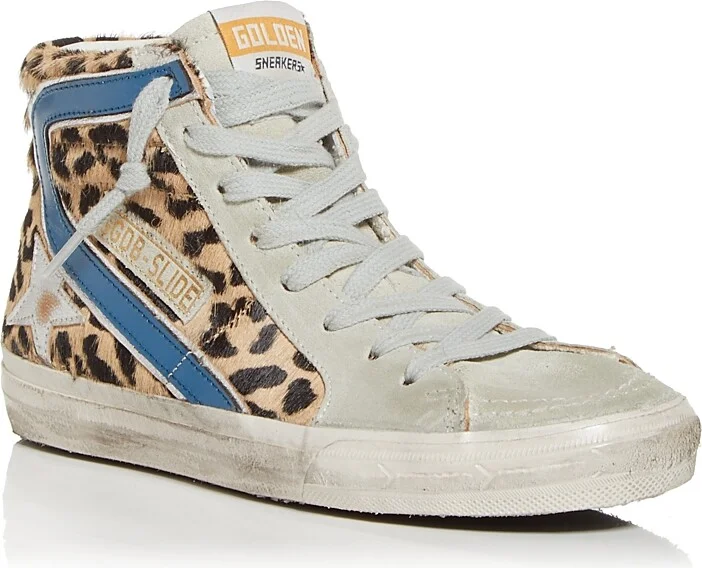 Golden Goose Women's Slide Leopard Print Calf Hair High Top Sneakers