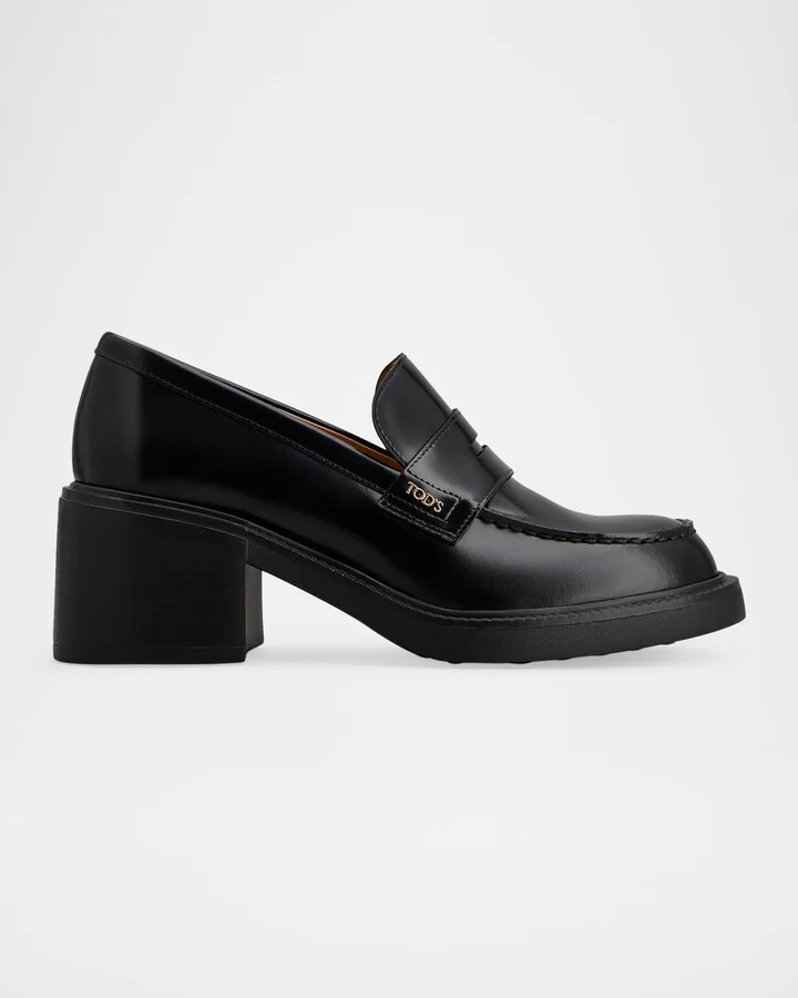 Gomma Leather Block-Heel Penny Loafers