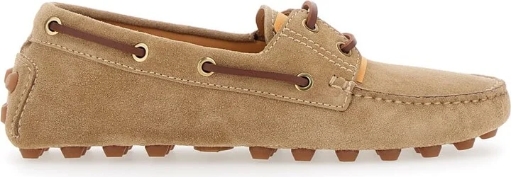 'gommino' Beige Loafers With Woven Tie In Suede Woman