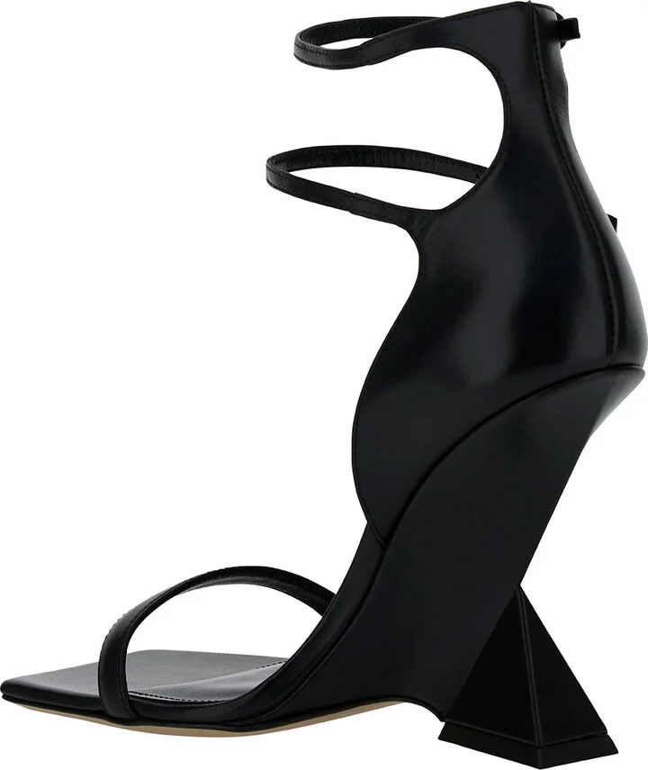 'grace' Black Sandals With Double Ankle Strap And Pyramid Wedge In Leather Woman - Image 2