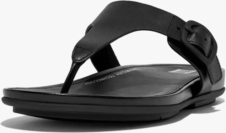 Gracie FT9-090 Sandals Women's Black Leather Toe-Post Rubber-Buckle