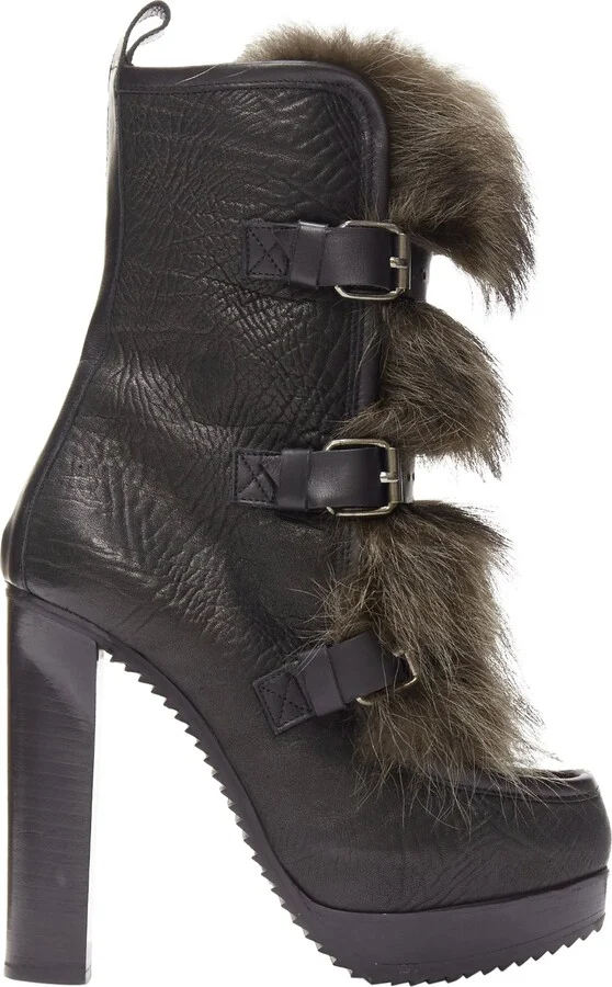 Grained Leather Fur Trio Buckle Platform Boot