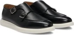 Grained-leather monk shoes with double strap- Black Men's Business Shoes size 9