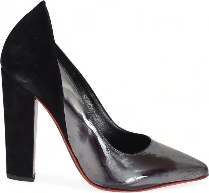 Gray Black Leather Suede Heels Pumps Women's Shoes - Image 2