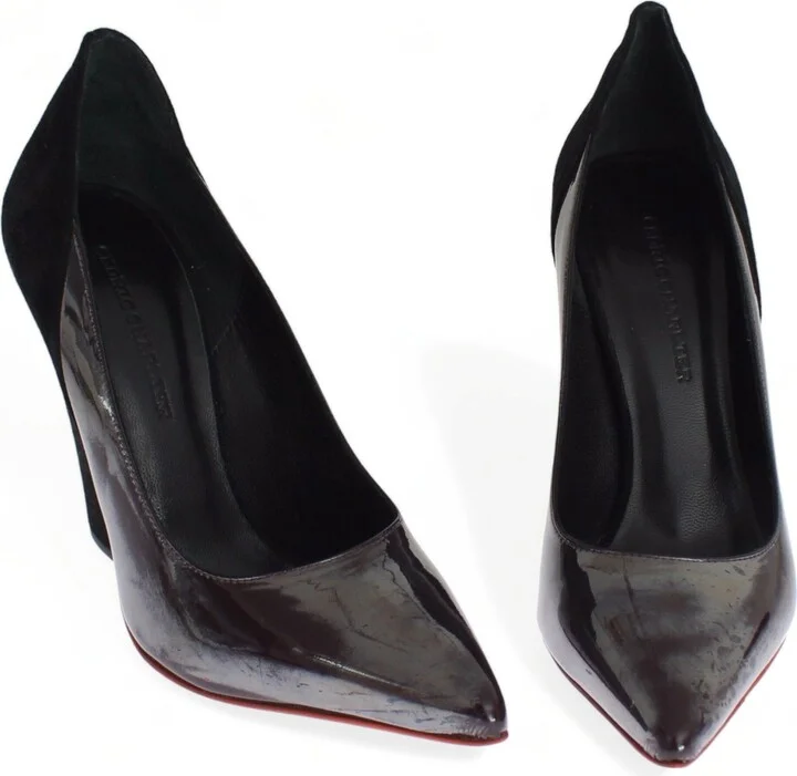 Gray Black Leather Suede Heels Pumps Women's Shoes - Image 3