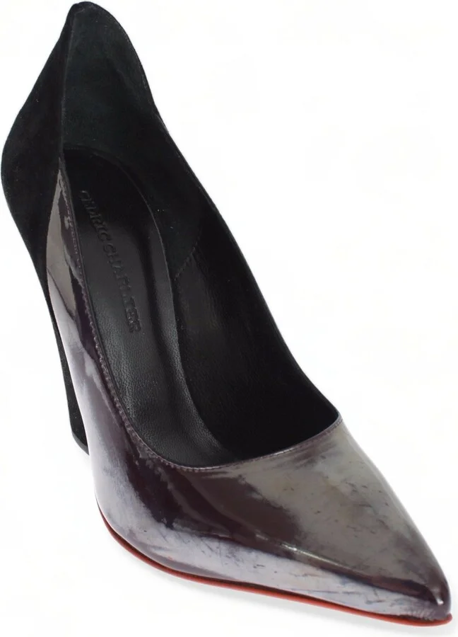 Gray Black Leather Suede Heels Pumps Women's Shoes - Image 5