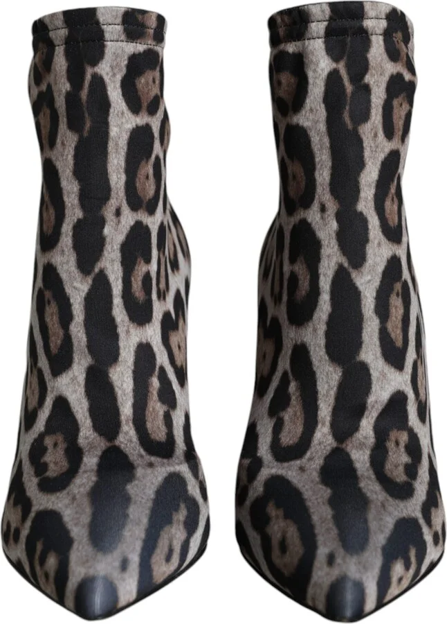 Gray Leopard Stretch Heels Ankle Boots Women's Shoes - Image 2