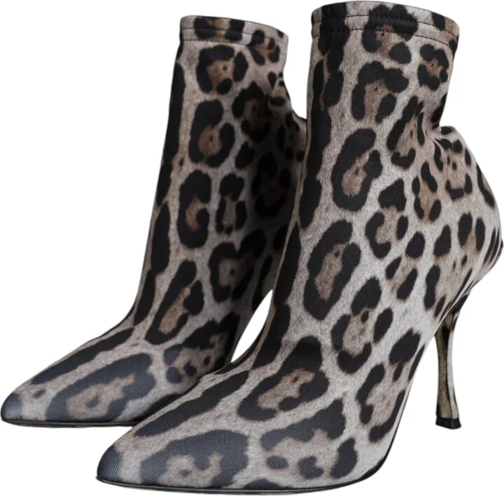 Gray Leopard Stretch Heels Ankle Boots Women's Shoes - Image 3