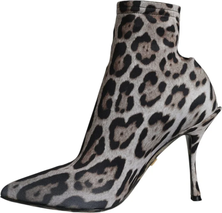 Gray Leopard Stretch Heels Ankle Boots Women's Shoes - Image 4