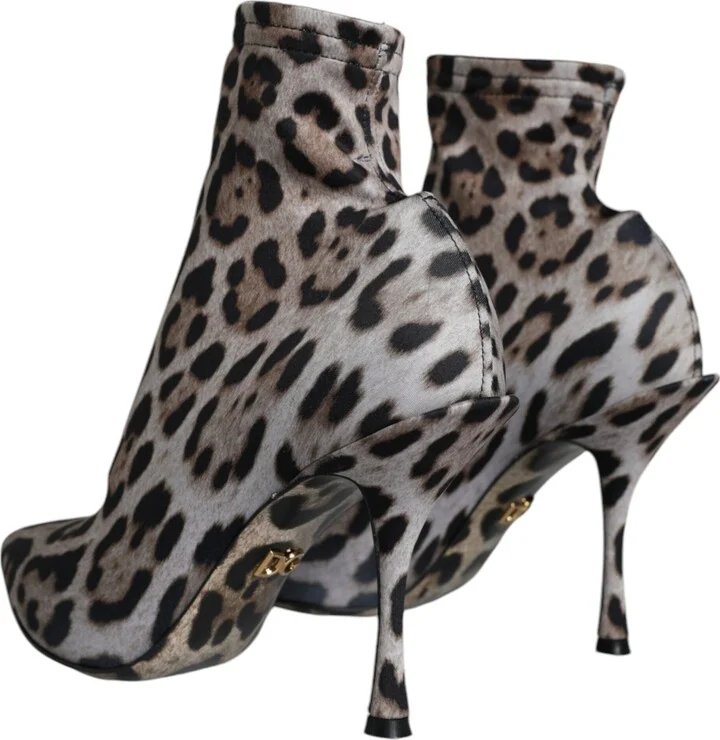 Gray Leopard Stretch Heels Ankle Boots Women's Shoes - Image 5
