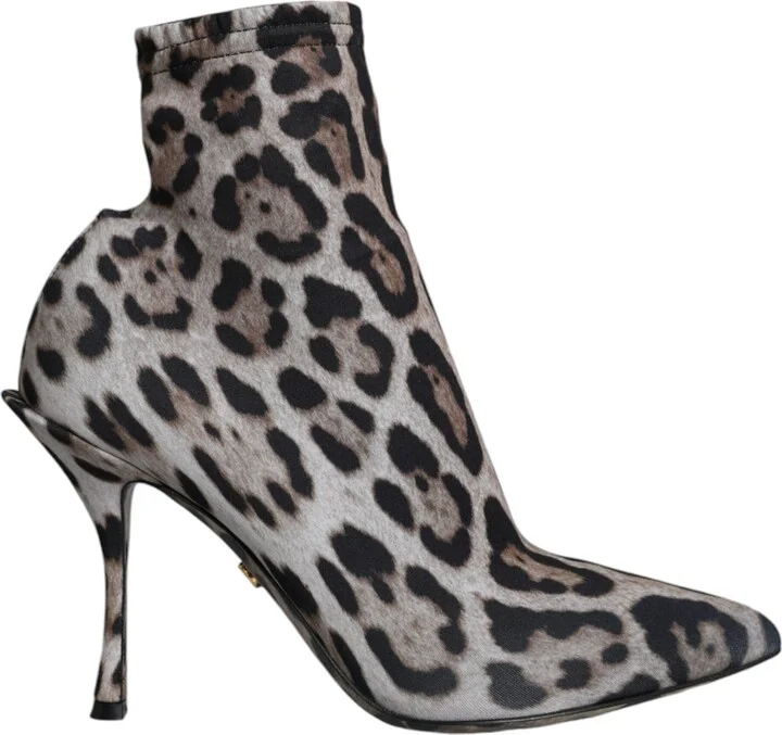 Gray Leopard Stretch Heels Ankle Boots Women's Shoes