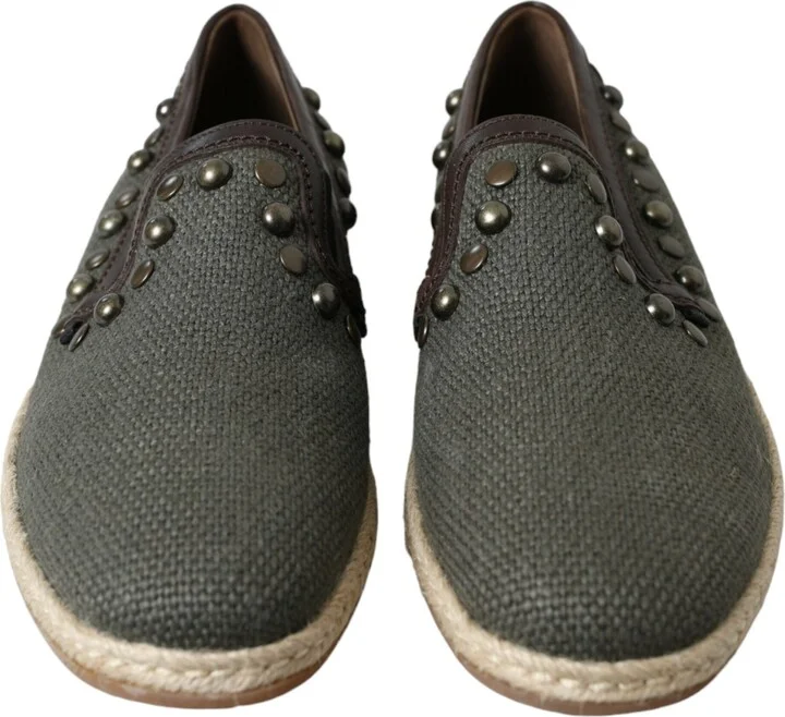 Gray Linen Leather Studded Loafers Men's Shoes - Image 2
