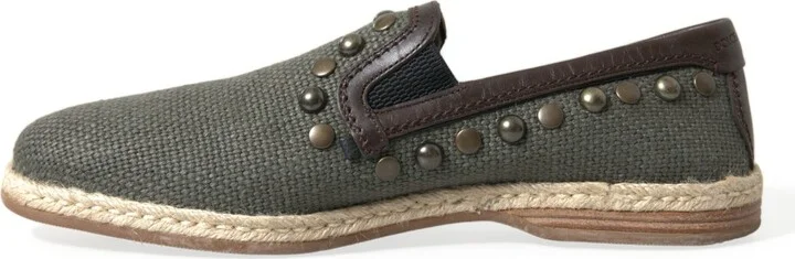 Gray Linen Leather Studded Loafers Men's Shoes - Image 5