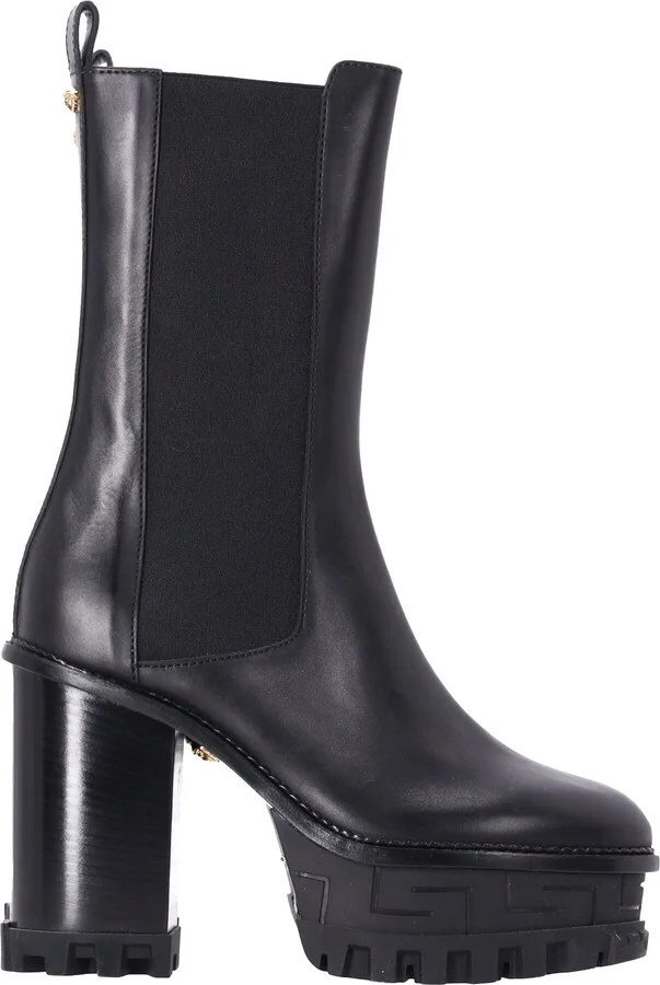 Greca Labyrinth High-Heel Platform Boots in Black Calf Leather
