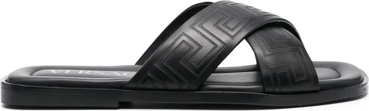 Greca-pattern open-toe slides