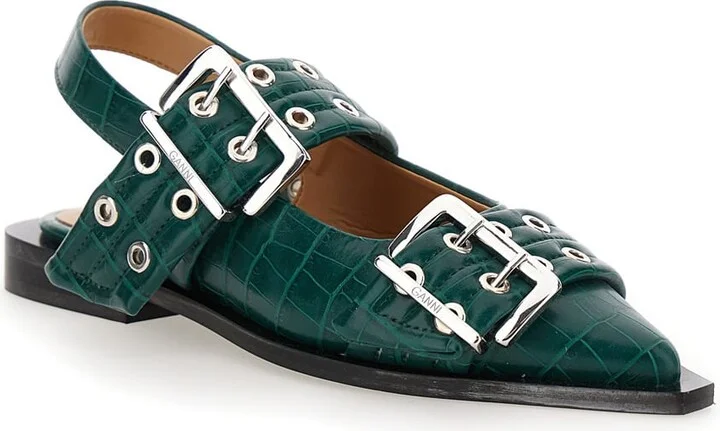 Green Ballet Shoes With Double Buckle And Pointed Design In Leather Woman - Image 2