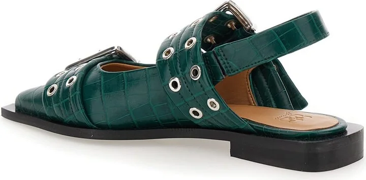 Green Ballet Shoes With Double Buckle And Pointed Design In Leather Woman - Image 3