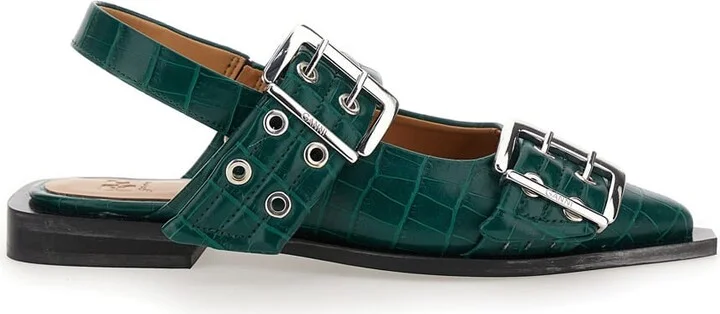 Green Ballet Shoes With Double Buckle And Pointed Design In Leather Woman