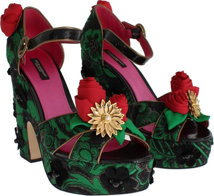 Green Brocade Snakeskin Roses Crystal Women's Shoes - Image 2
